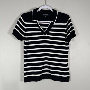 Liverpool Knit Polo Top SZ Medium Black White Collar Short Sleeve Preppy Coastal